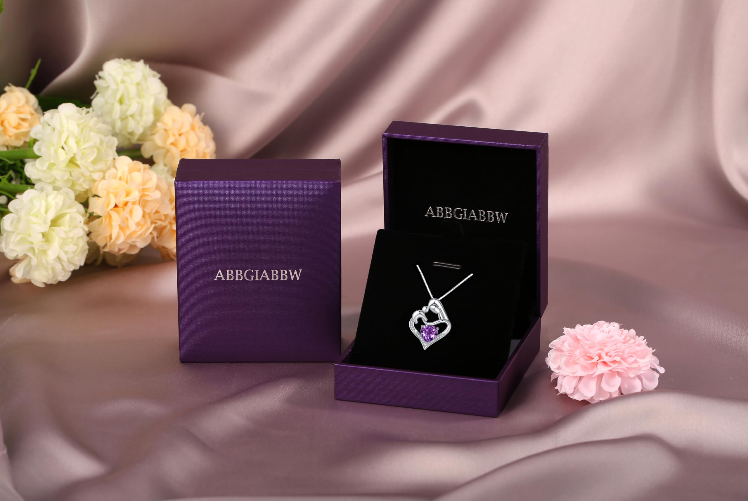 ABBGIABBW 925 Sterling Silver Purple Birthstone Mother Daughter Love Heart Pendant Necklace Mother Daughter Jewelry Christmas fo