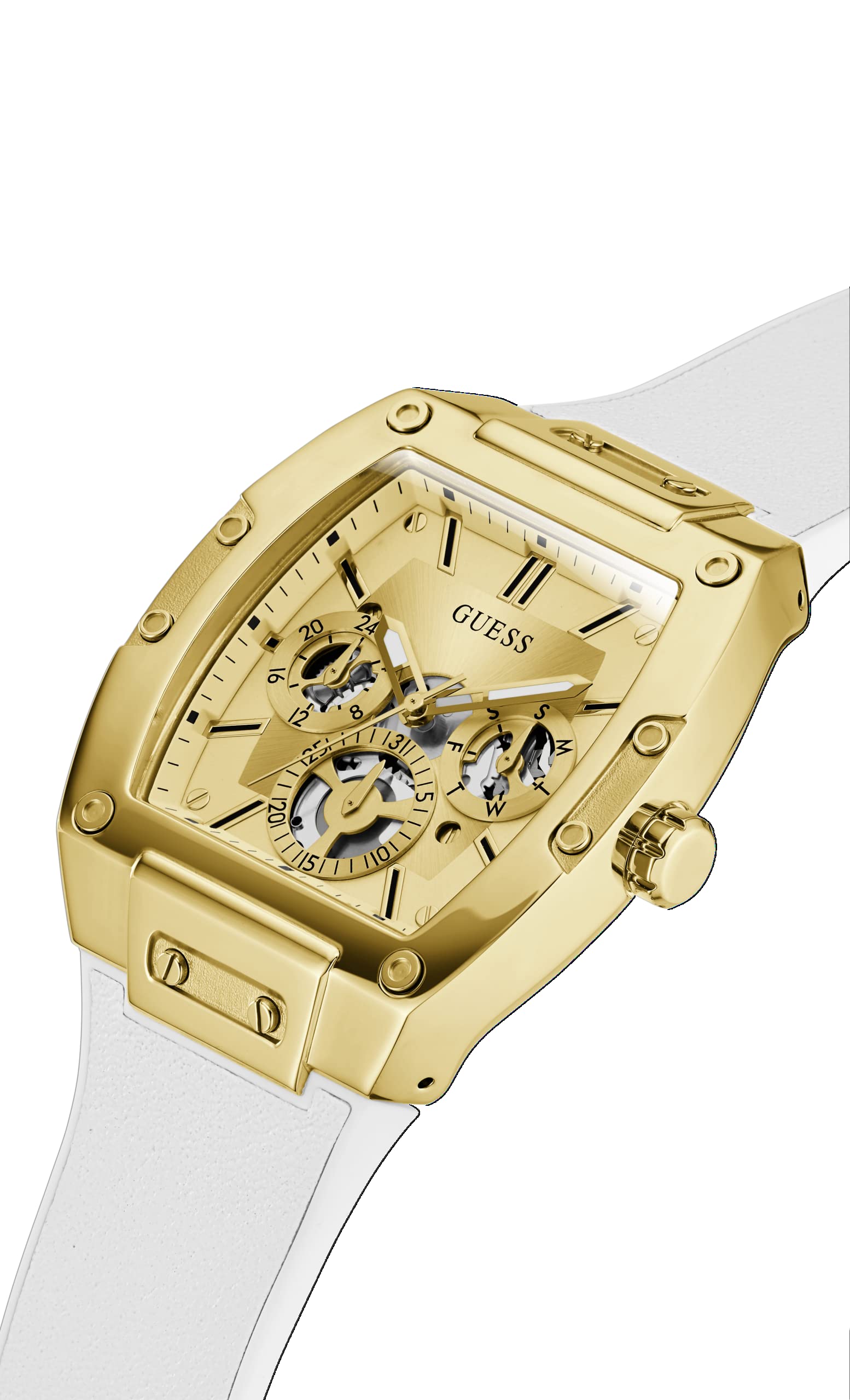 GUESS Men's Trend Multifunction Tonneau 43mm Watch - Gold-Tone Dial & Stainless Steel Case with White Silicone Strap