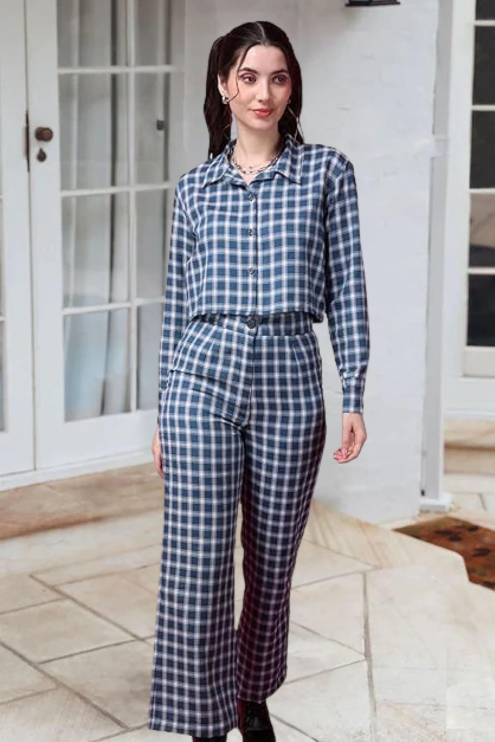 Popwings Casual Checks Print Crop Shirt And Trouser Co-Ord Set For Women | Shirt And Pant Co-Ord Set For Women | Full Sleeves Co