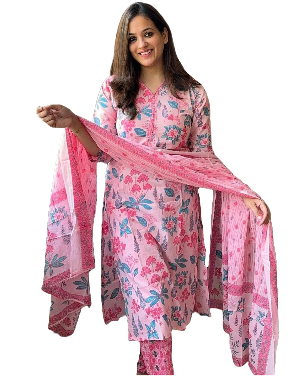 ANNI DESIGNER Womens Rayon Blend Straight Printed Kurta with Pant & Dupatta (Kumud Pink_S_Pink_Small)