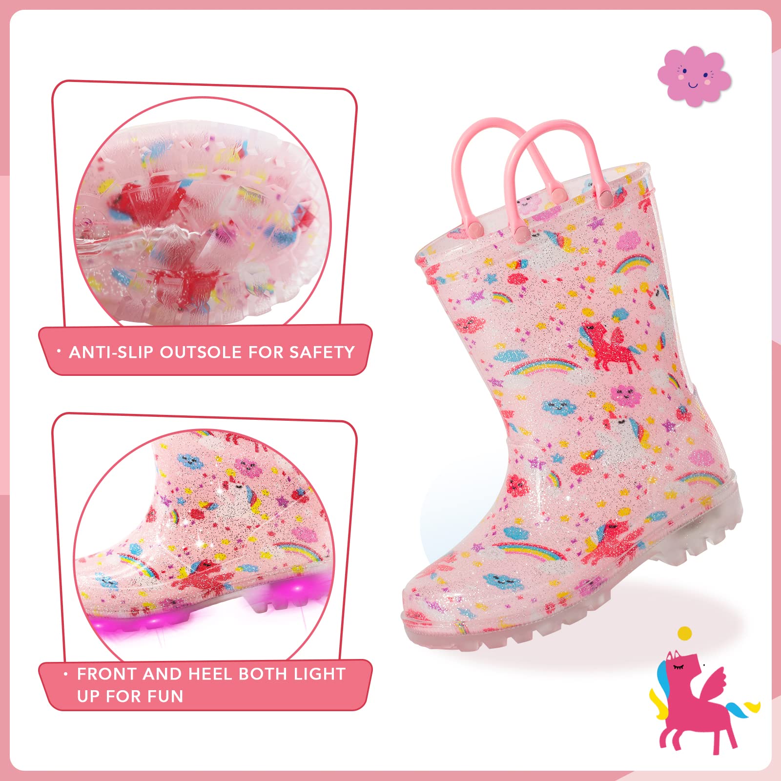 EUXTERPA Toddler-Kids Waterproof Light Up Rain Boots Patterns and Glitter Boots with Handles for Girls Little Kid Size 11 Pink U