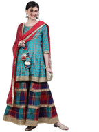 Ishin Women'S Rayon Blue & Multicolor Embellished Peplum Kurta Set With Sharara And Dupatta