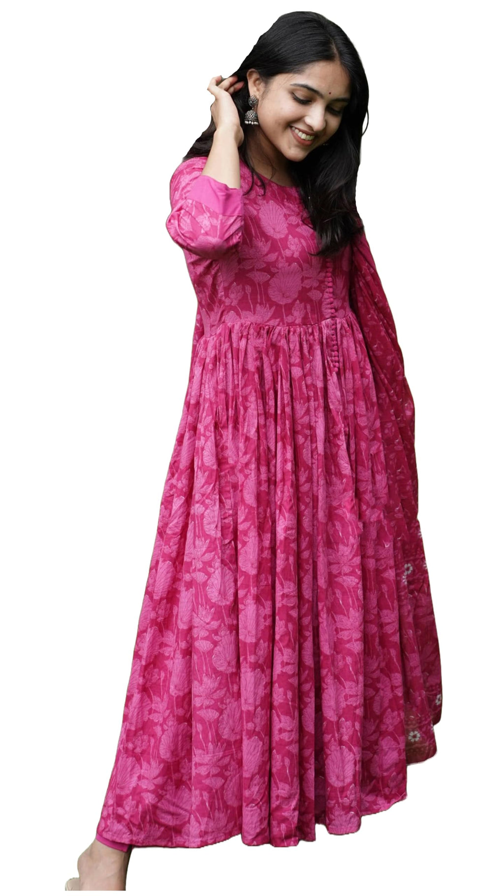 ANNI DESIGNER Womens Rayon Blend Anarkali Printed Kurta with Pant & Dupatta (TITHI Pink_XL_Pink_X-Large)