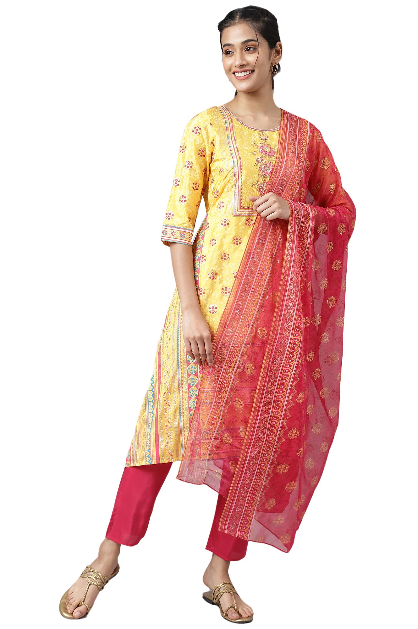 Aurelia WomenS Liva Yellow Asymmetric Kurta With Pink Trouser And Dupatta_22Aud10476-504001_Xl