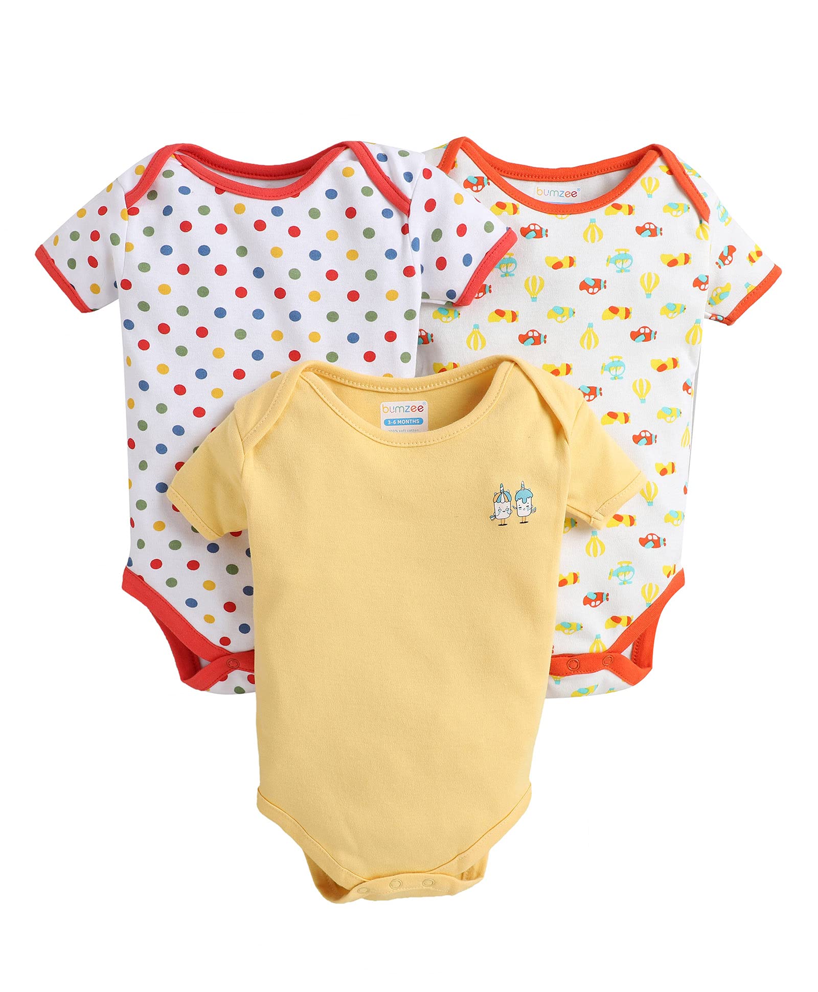 BUMZEE White & Yellow Half Sleeve Bodysuit Pack Of 3 For Baby Boy Age - 9-12 Months