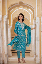 Varanga Women Printed Round Neck Straight Kurta With Bottom And Dupatta  Stylish & Comfortable Ethnic Wear