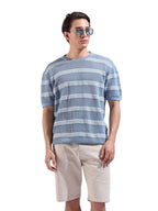 The Indian Garage Co Mens Oversized Striped Flatknit Half Sleeves Crew Neck Sweater