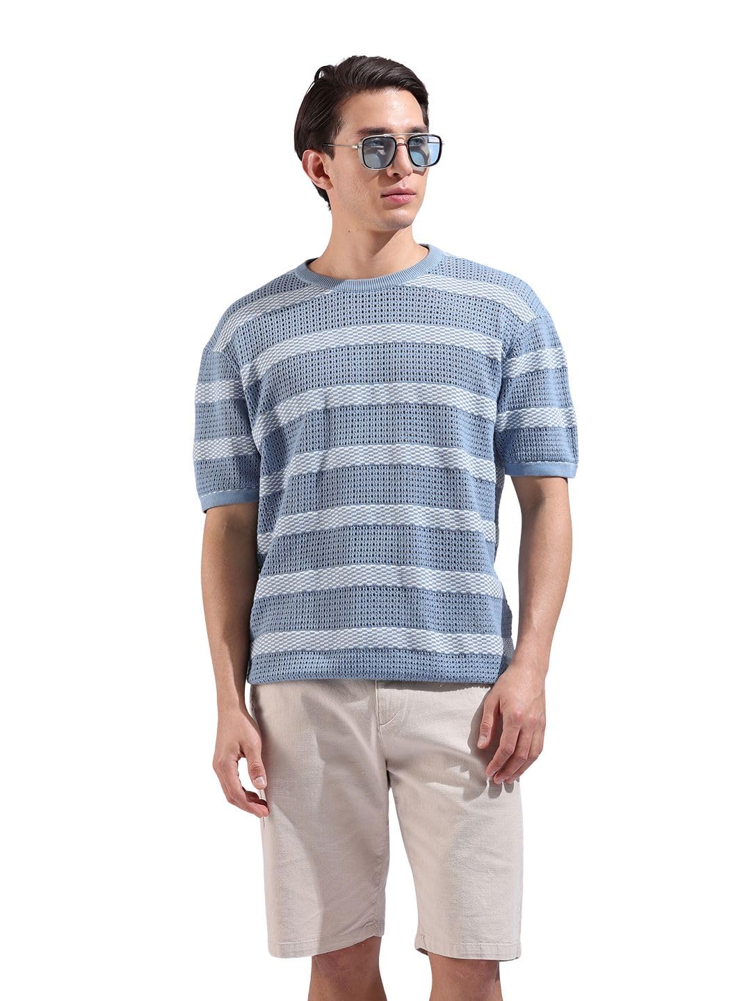 The Indian Garage Co Mens Oversized Striped Flatknit Half Sleeves Crew Neck Sweater