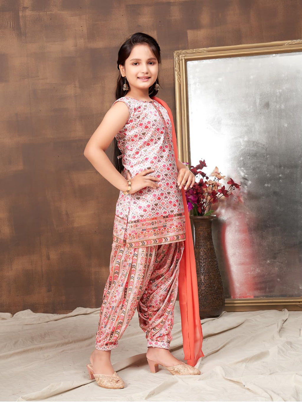 Aarika Girls Ethnic Wear Pink Colour Floral Print Silk Kurti Patiala Set (4-10 Years)