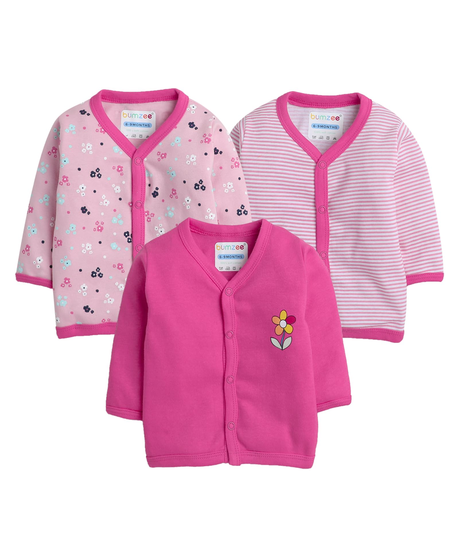 BUMZEE Pink Girls Full Sleeves Regular Fit Jablas Pack of 3 Age - 0-3 Months (Peb8280B-Pnk), Assorted
