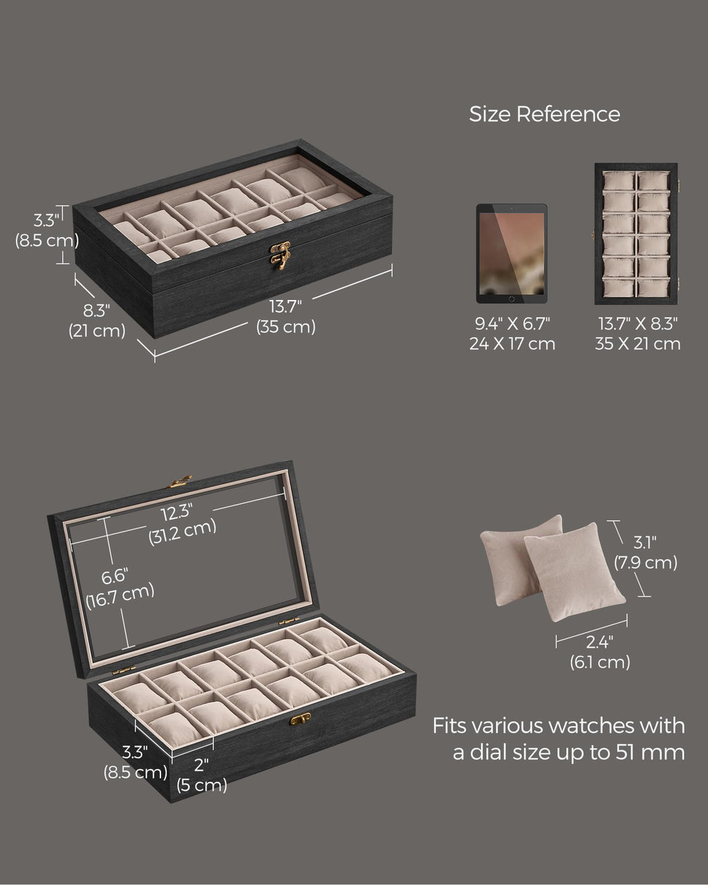 SONGMICS 12-Slot Watch Box, Solid Wood Organizer With Glass Lid, Display Case With Removable Pillows, Gift for Loved Ones, Ebony