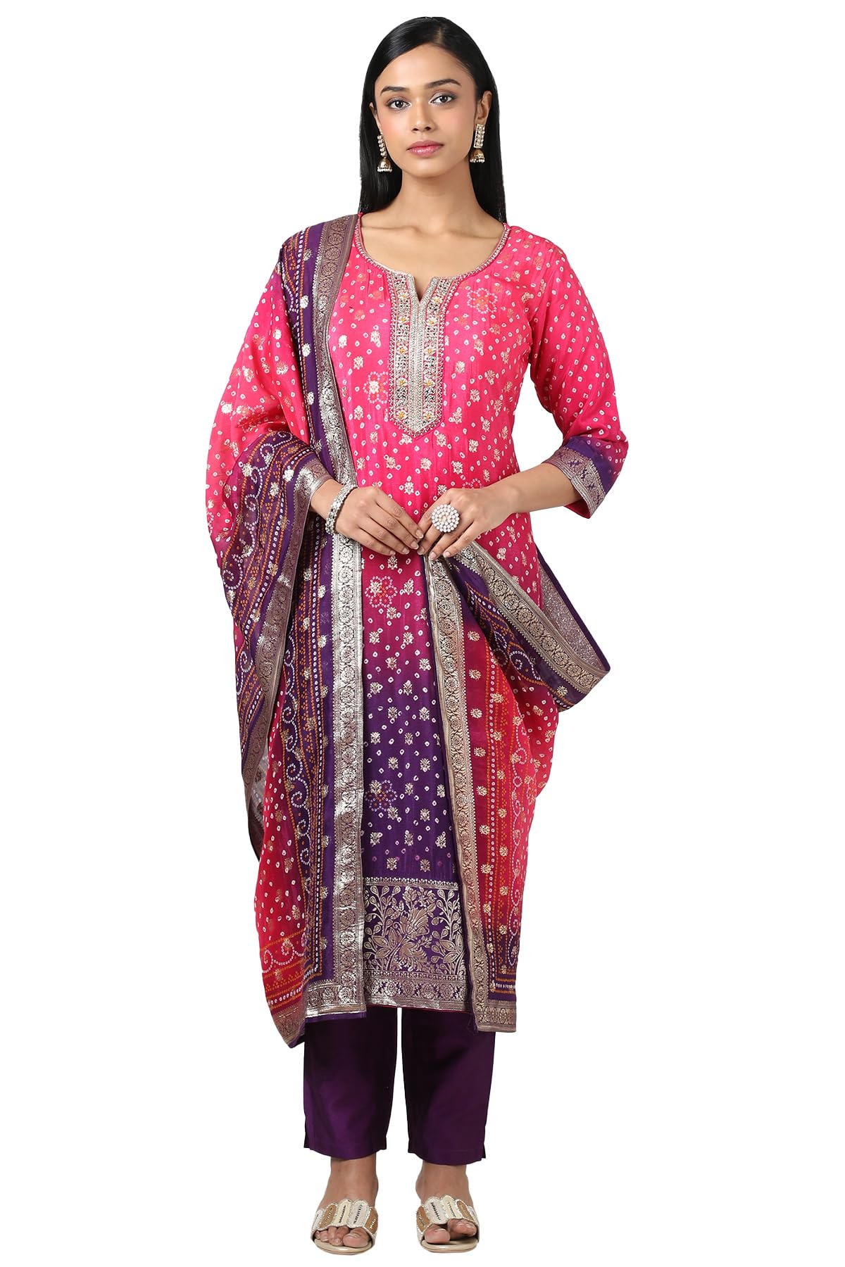 Soch Women Brocade Bandhani Print Suit Set with Beads