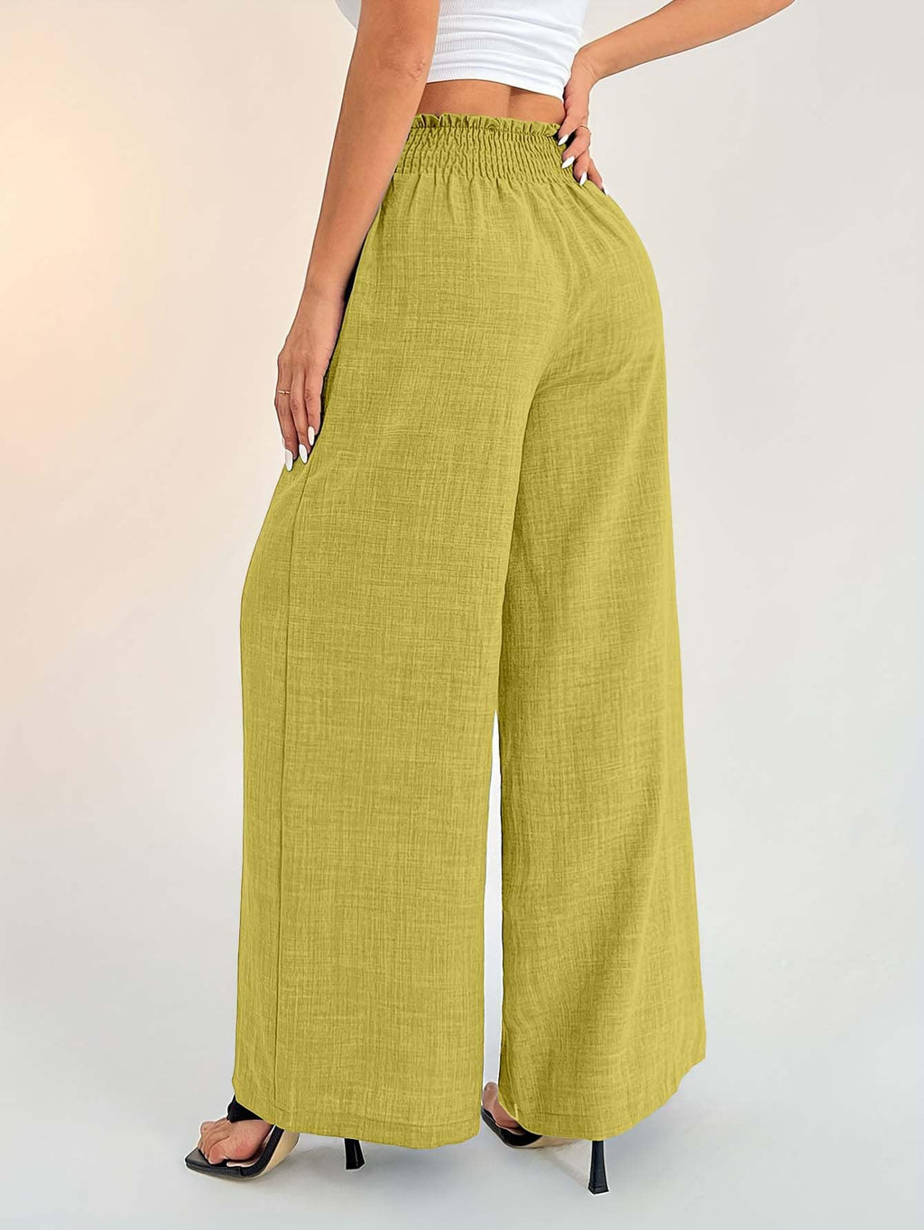 Sugathari Womens Lemon Yellow Casual Wide Leg Pants  High Waist Elastic Waistband Loose Fit Long Trousers | Lightweight Straigh