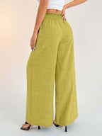Sugathari Womens Lemon Yellow Casual Wide Leg Pants  High Waist Elastic Waistband Loose Fit Long Trousers | Lightweight Straigh