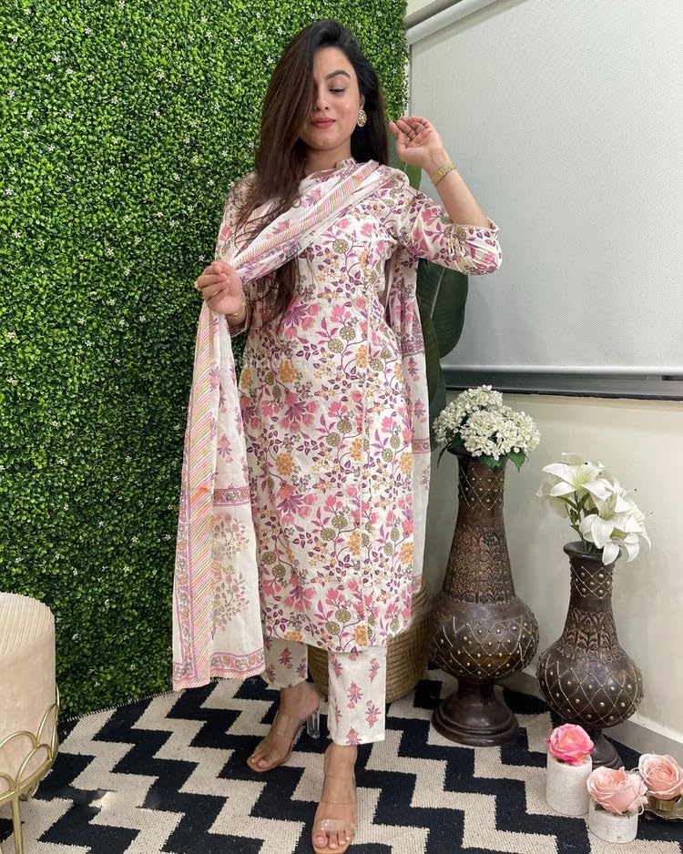 ANNI DESIGNER Womens Rayon Blend Straight Printed Kurta with Pant & Dupatta (Fuldani Pink_M_Pink_Medium)