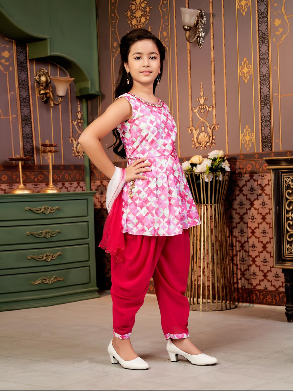 Aarika Girls Ethnic Wear Rani Colour Floral Print Beads Embroidery Cotton Blend Dhoti Kurta Set With Dupatta-4-9 Years (Dh-Shm-5