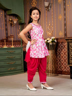 Aarika Girls Ethnic Wear Rani Colour Floral Print Beads Embroidery Cotton Blend Dhoti Kurta Set With Dupatta-4-9 Years (Dh-Shm-5