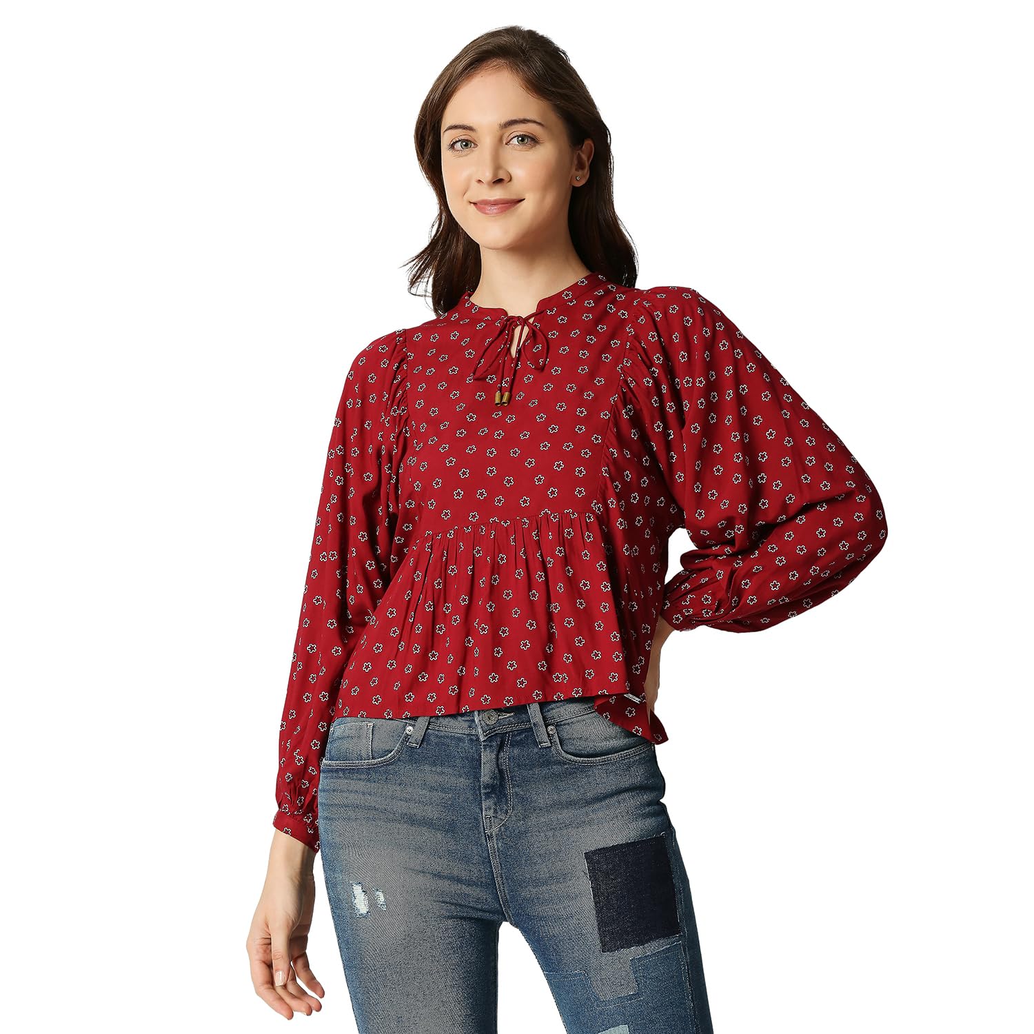 Pepe Jeans Printed Rayon Round Neck Womens Casual Shirt (Red, Large)