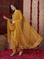 ANNI DESIGNER Women s Viscose Rayon Straight Kurta with Trousers and Dupatta, Mustard, 44