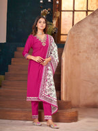 Stylum WomenS Magenta Solid & Embroidered Silk Straight Kurta Pant Dupatta Set