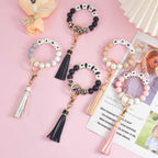 BAOSIWA Women Silicone Keychain Bracelet Beaded Wristlet Key Ring Christmas White Bangle Chains with Leather Tassel