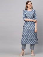 ANNI DESIGNER Womens Cotton Blend Printed Straight Kurta with Pant (Funnu New01 Blue_M_Blue_Medium)