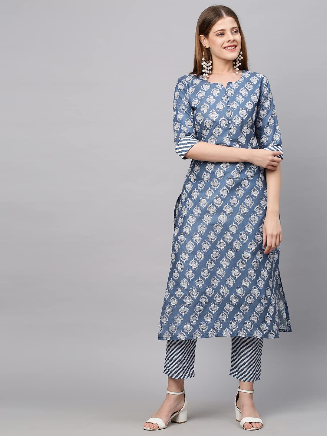 ANNI DESIGNER Womens Cotton Blend Printed Straight Kurta with Pant (Funnu New01 Blue_M_Blue_Medium)