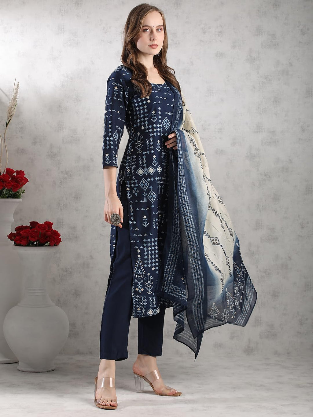 ANNI DESIGNER Women s Rayon Blend Printed Straight Kurta with Pants and Dupatta, Blue, XL