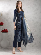 ANNI DESIGNER Women s Rayon Blend Printed Straight Kurta with Pants and Dupatta, Blue, XL