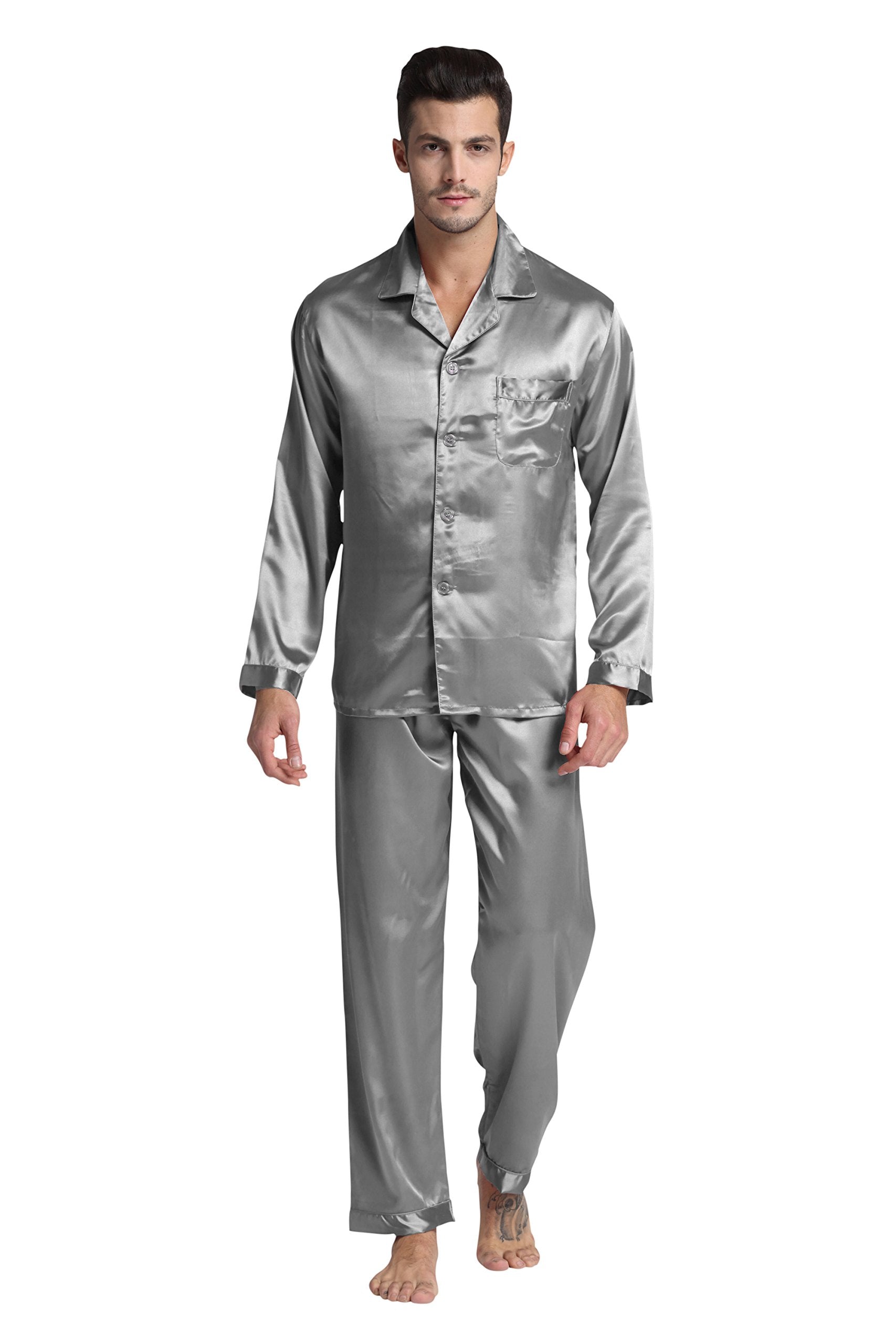 TONY & CANDICE Men's Classic Satin Pajama Set Sleepwear (Medium, Light Gray)