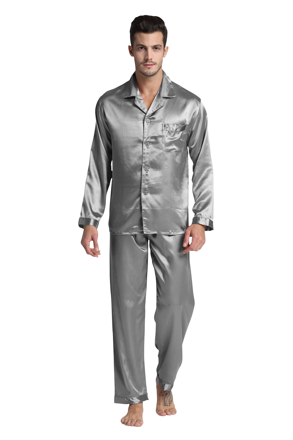TONY & CANDICE Men's Classic Satin Pajama Set Sleepwear (X-Large, Light Gray)