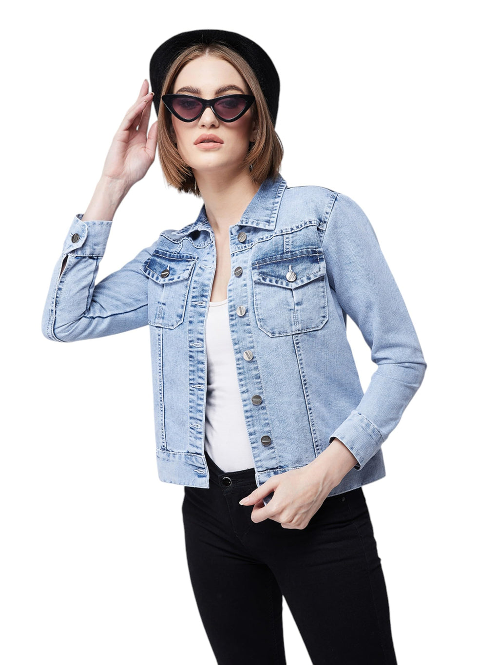 Miss Chase Womens Collared Full Sleeves Solid Buttoned Denim Jacket (MCAW19DEN05-56-390-05, Seafoam Blue, L)