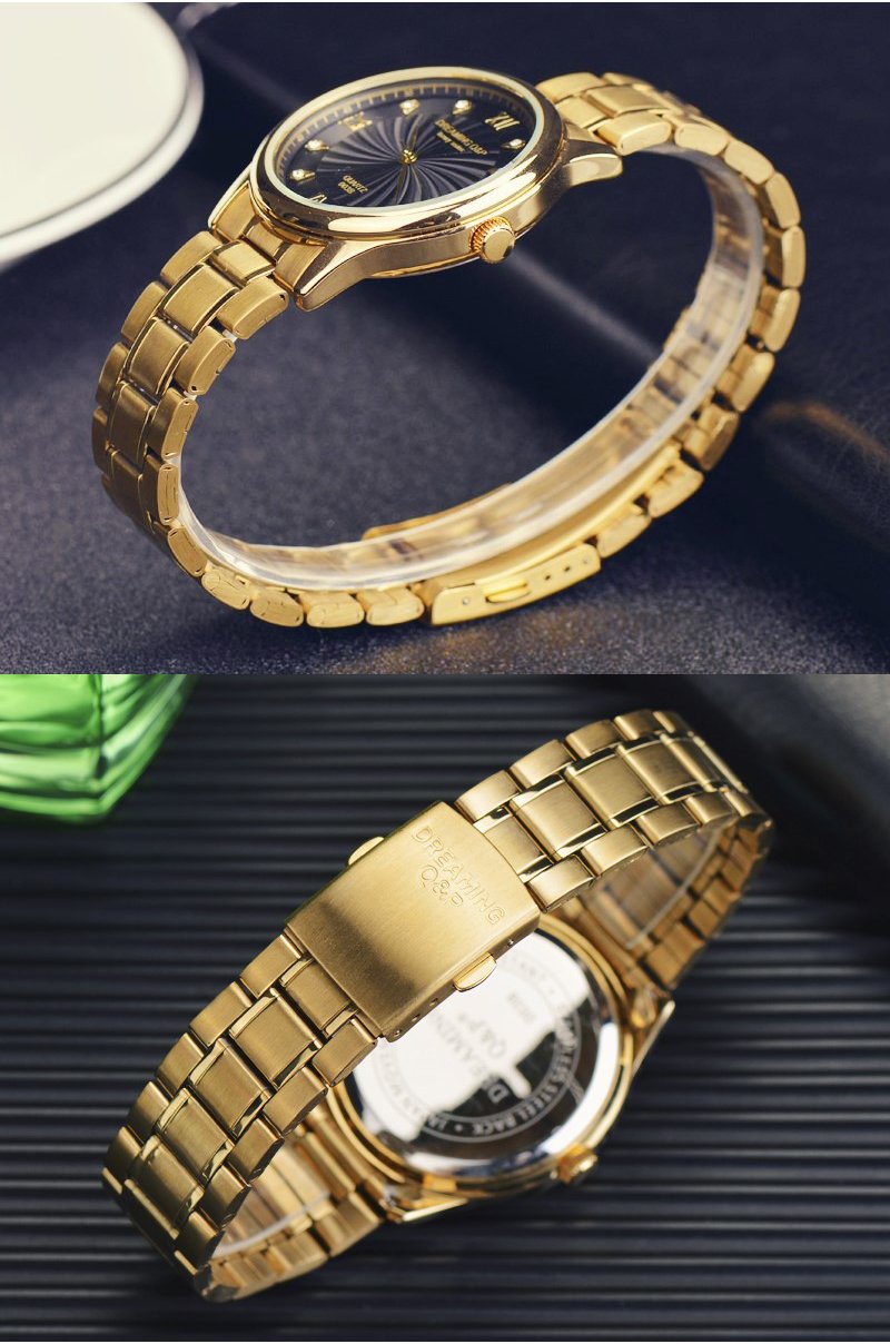 DREAMING Q&P IP Gold Plating Steel Roman Numeral Dial with Rhinestones Luxury Mens Wrist Watches for Man Black 003