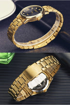 DREAMING Q&P IP Gold Plating Steel Roman Numeral Dial with Rhinestones Luxury Mens Wrist Watches for Man Black 003