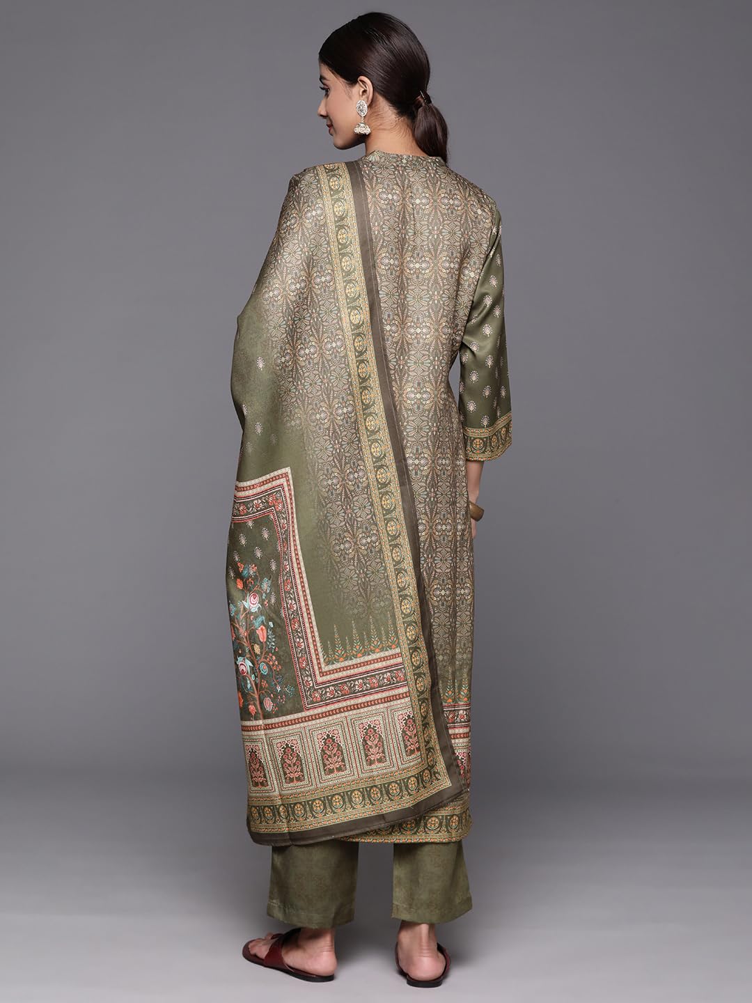 Varanga Women Woolen Olive Ethnic Motif Printed Straight Kurta Paired With Tonal Bottom And Dupatta