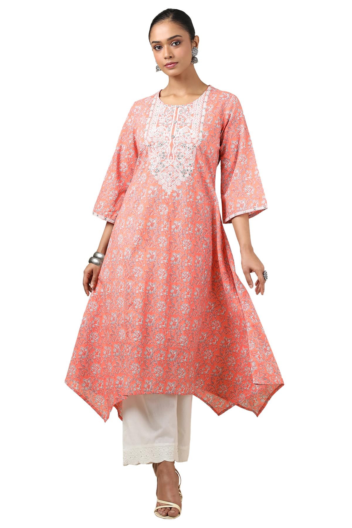 Soch Women Cotton Dobby Floral Kurta Set with Faux Mirror