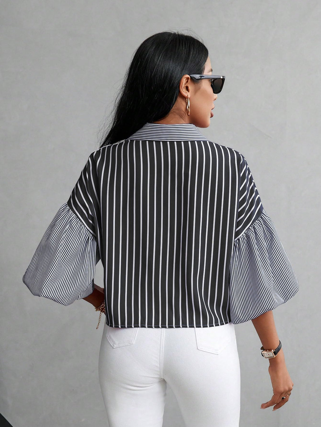 Shasmi Womens Random Striped Print Button Up Casual Shirt with Lapel Collar, Womens Fashion Striped Design Versatile Short Bat
