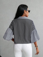 Shasmi Womens Random Striped Print Button Up Casual Shirt with Lapel Collar, Womens Fashion Striped Design Versatile Short Bat