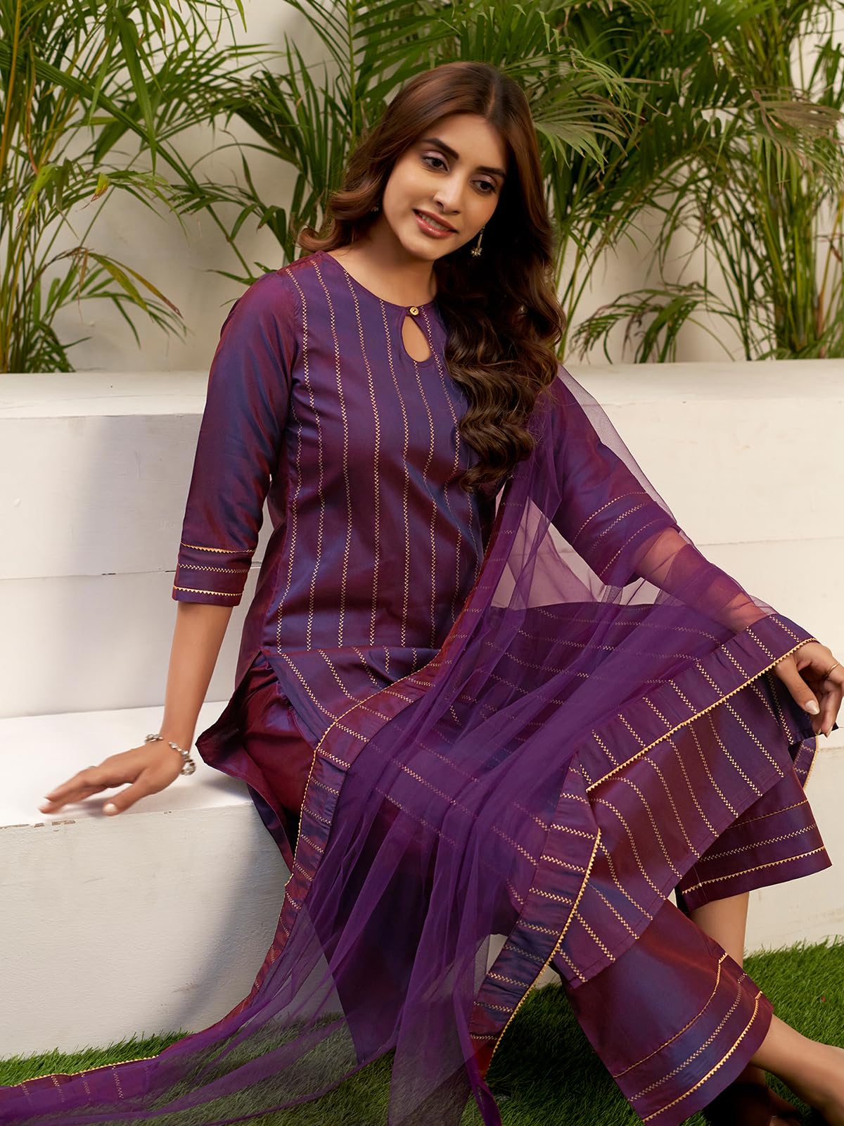 Sanisa Womens Silk Blend Foil Printed Gota Lace Dual Tone Straigth Kurta with Pant and Dupatta Set| Ethnic Set | Suit Set | Kur