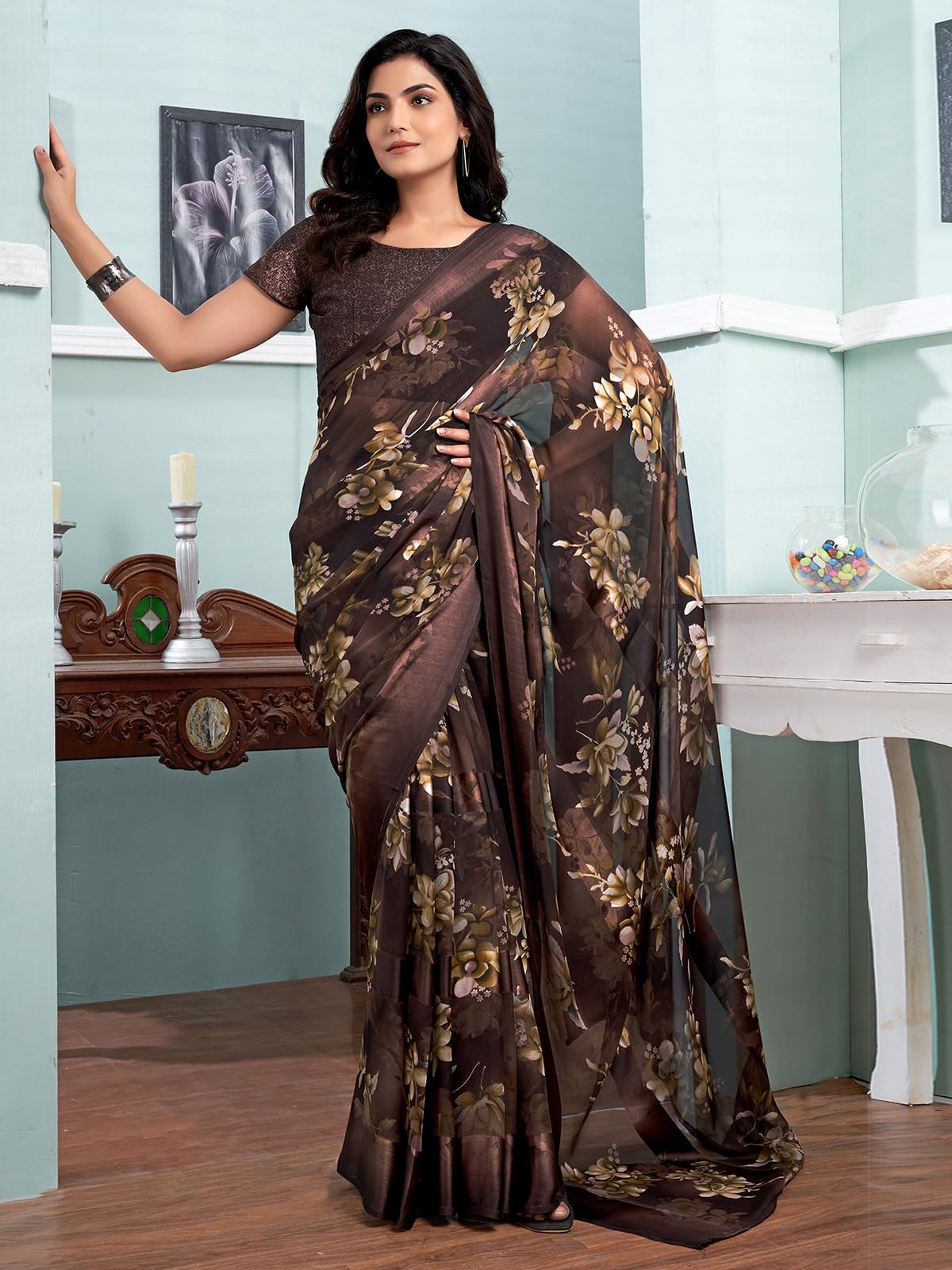 Satrani Womens Georgette Floral Printed Satin Stripe Saree with Unstitched Blouse Piece
