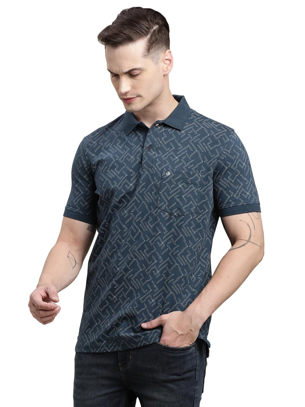 Turtle Men Slim Fit Blue Printed Cotton Stretch Polo T-Shirt