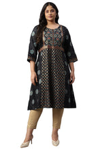 W For Woman Plus Size Jet Black Foil Printed Shantung Kurta_22Auw18119G-119188_5Xl