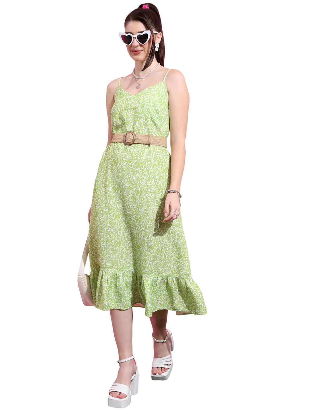 Ketch WomenS Polyester Drop-Waist Midi Dress (Khj6000477_Lime Green