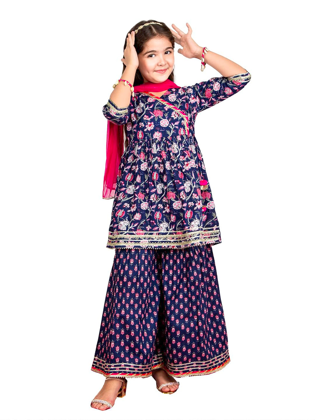 Naughty Ninos Girls Dark Blue Floral Printed Empire Gotta Patti Pure Cotton Kurta & Sharara With Dupatta (Nn00076Eth_2-3 Years)