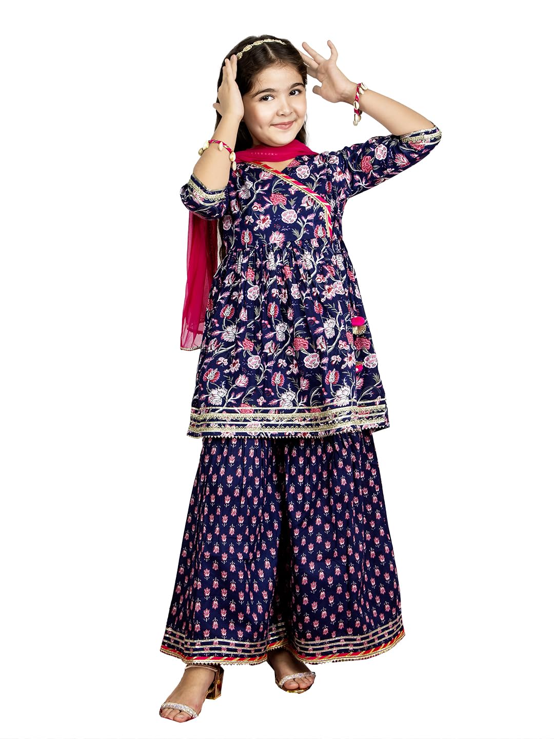 Naughty Ninos Girls Dark Blue Floral Printed Empire Gotta Patti Pure Cotton Kurta & Sharara With Dupatta (Nn00076Eth_2-3 Years)