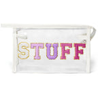 Y1tvei Clear STUFF Makeup Bag - Preppy Patch Purple Chenille Varsity Letter PVC Transparent Extra Large Cosmetic Pouch Portable 