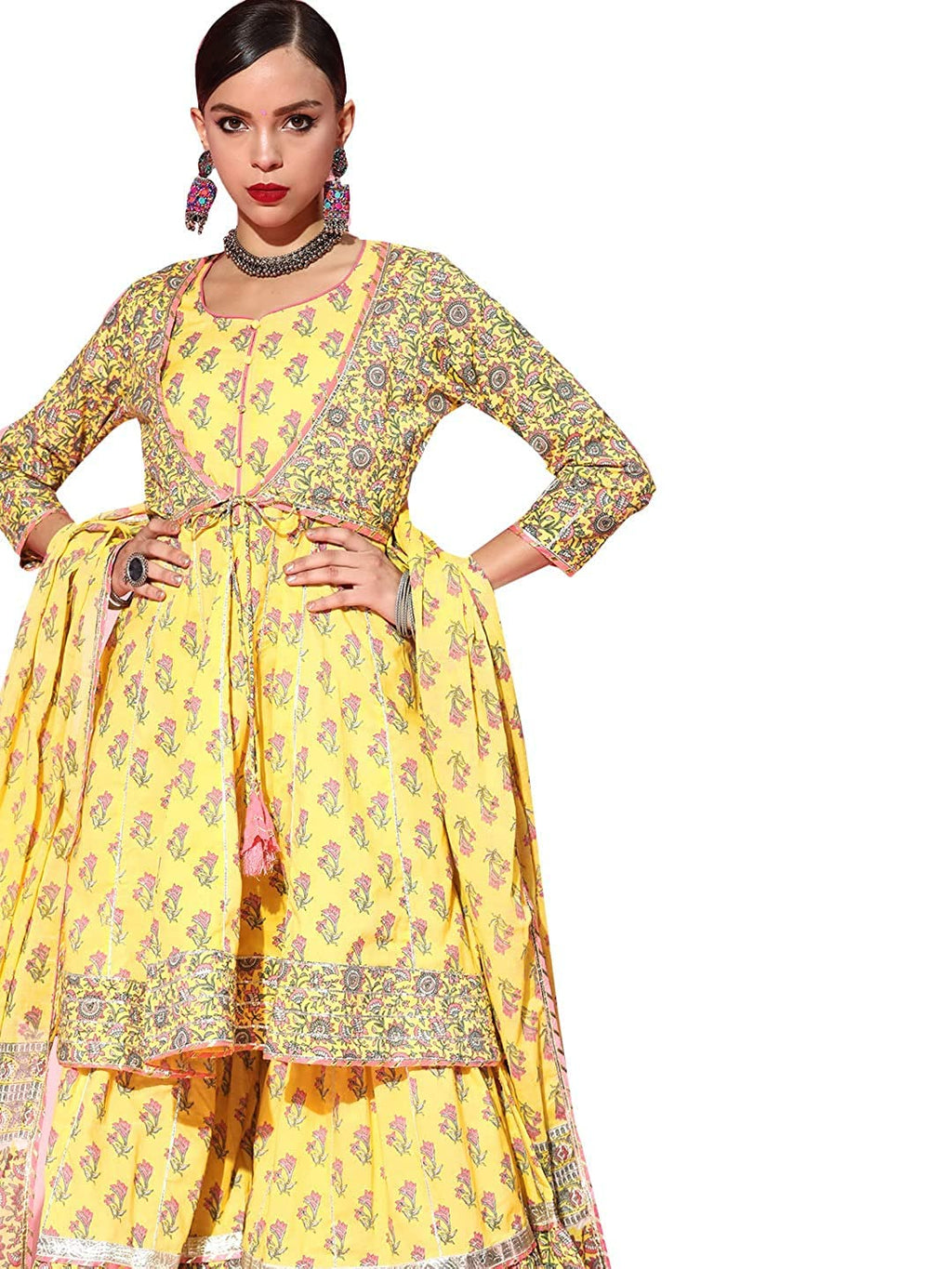 Ishin Women'S Cotton Anarkali Embroidered Gotta Patti Kurta Suit Set With Dupatta & Sharara Kpldpm-19077_S_Yellow