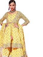 Ishin Women'S Cotton Anarkali Embroidered Gotta Patti Kurta Suit Set With Dupatta & Sharara Kpldpm-19077_S_Yellow