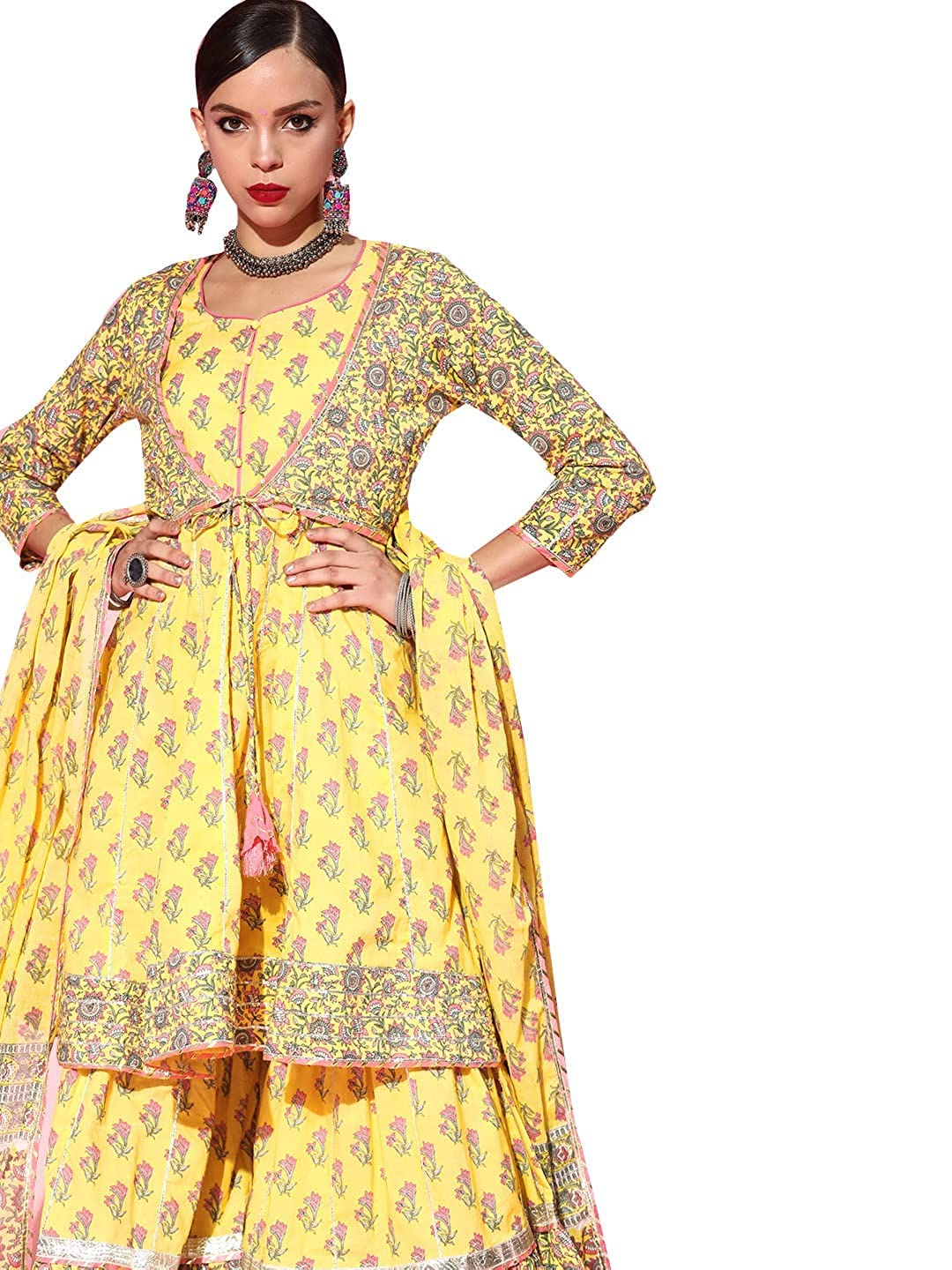 Ishin Women'S Cotton Anarkali Embroidered Gotta Patti Kurta Suit Set With Dupatta & Sharara Kpldpm-19077_S_Yellow