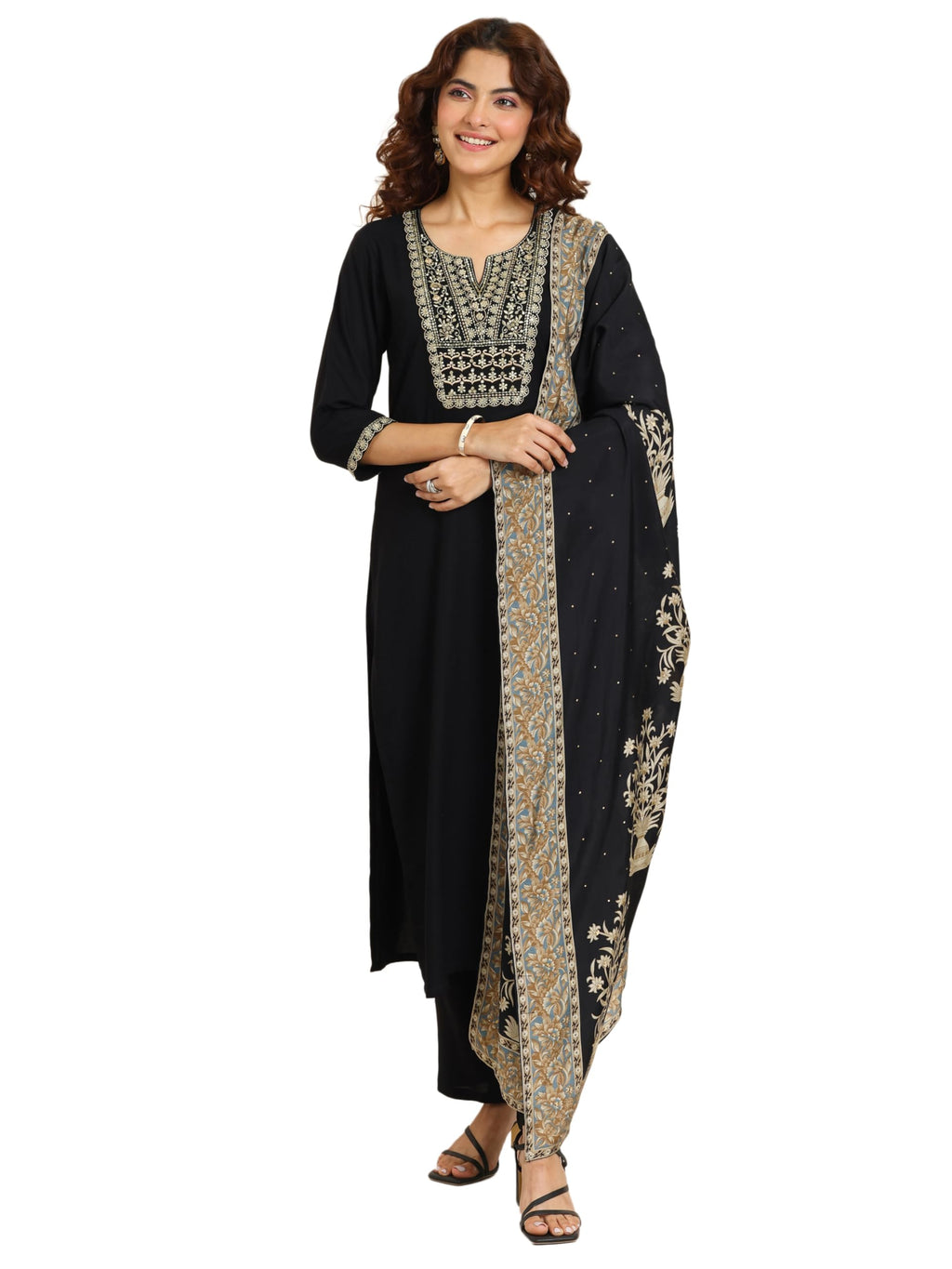 Libas Womens Yoke Design Viscose Straight Kurta With Trousers And Dupatta